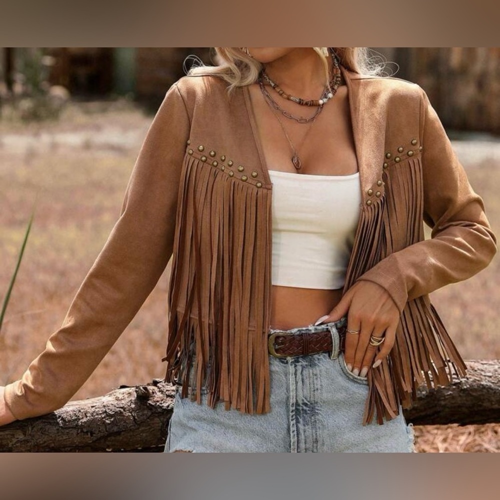 LAST ONE Women's Faux SuedeTan Fringe Jacket